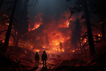 Nighttime firefighting, confronting a wild forest inferno out of control Generative AI