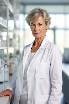 A woman in a lab coat standing in a laboratory. Digital image.