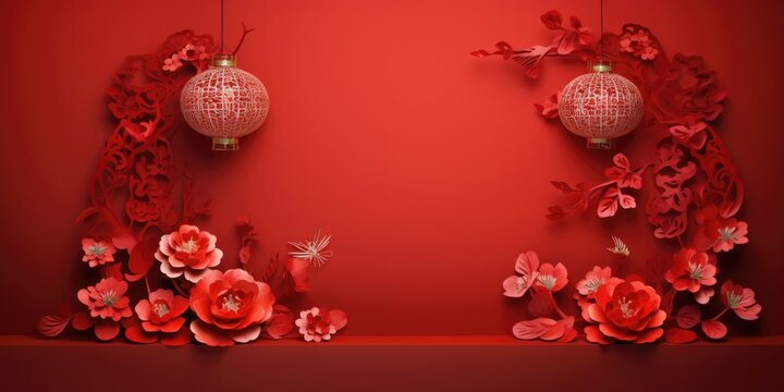 A red wall with paper flowers and lanterns. Elegant design for Chinese New Year greeting card. Copy space, place for text.