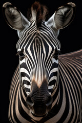 Fototapeta na wymiar Portrait of a beautiful African Zebra in close-up Macro photography on dark background. 