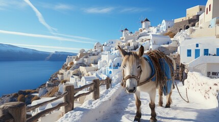 Greece's Iconic Charm: Santorini and Its Donkey Adventures in travel vaccations, generative ai