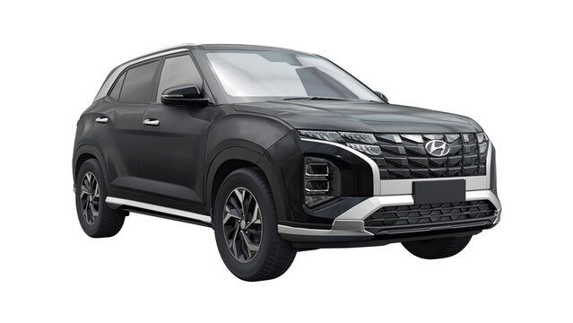 UK, London. July 1, 2023. Hyundai Creta 2022. Black compact-size SUV for family and work on a white background. 3d illustration.