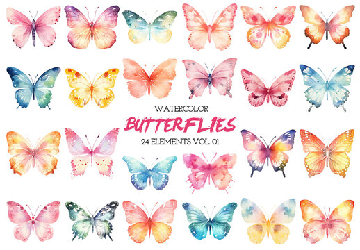 Watercolor painted butterflies clipart. Hand drawn design elements isolated on white background.