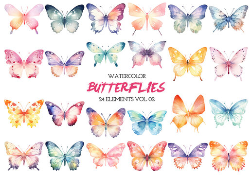 Watercolor painted butterflies clipart. Hand drawn design elements isolated on white background.