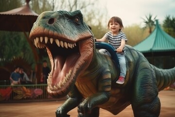 A little boy riding a dinosaur in the park. Children's fascination with dinosaurs, theme park. 