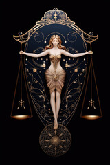 A woman in a dress holding two scales. Digital image. Libra, astroligical sign.