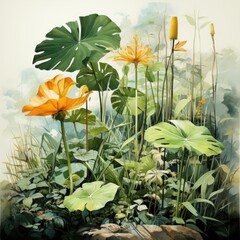 Tropical Dreams: Watercolor Illustration of Lush Leaves and Flowers, generative ai