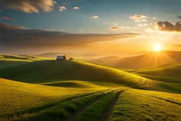 Sunrise in the field on top of a hill with a small hut 