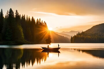 Sunrise with a beautiful moring over the lake surrounded with the mountains and a boat floating in it