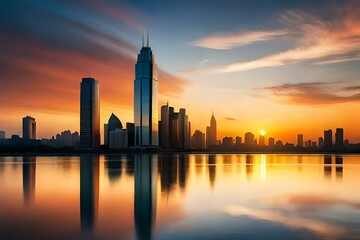 Obraz premium A beautiful sunrise over the city with a see in front