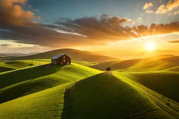 Sunrise in the field on top of a hill with a small house