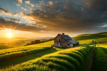 Sunrise in the field on top of a hill with a small house on it