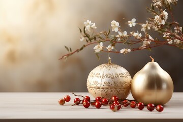 Fototapeta premium A vase with a gold ornament next to berries. Yom Kipur, Jewish High Holy Days.