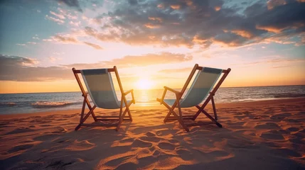 Acrylic prints Beach sunset Lounge chairs on the beach with sunset view