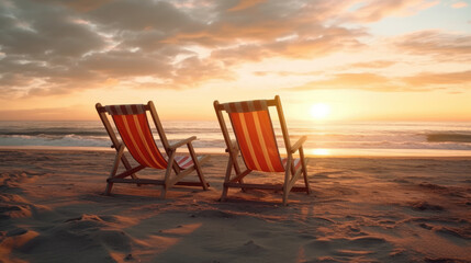 Lounge chairs on the beach with sunset view