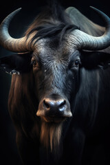 Naklejka premium Portrait of a beautiful African Buffalo in close-up Macro photography on dark background. 