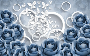 collection blue flowers with butterfly white wallpaper 3d