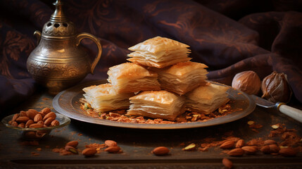 Beautiful Baklava Dessert on Farmhouse Inspired Background Surrounded by Sterling Silver and Bronze Dishware and Serving Tray - Generative AI
