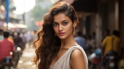 Fototapeta premium Young beautiful Indian woman in the streets of Mumbai - portrait shot