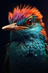Portrait of Beautiful Colorful Birdie in Close-up Macro Photography on Dark Background. 