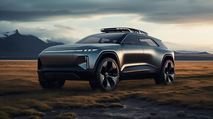 Advertising style concept SUV, sport utility vehicle on the road with the countryside and open fields as the backdrop, SUV concept vehicle, rural lands, fields and skies