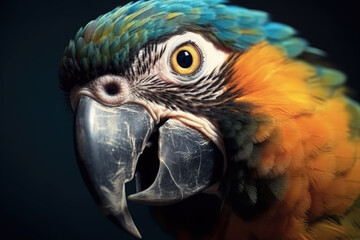 Portrait of a beautiful Blue and Yellow Macaw in close-up Macro photography on dark background. 