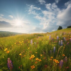 A tranquil summer meadow in full bloom, sunlit meadow filled with an array of colorful wildflowers, with the bright sun casting a gentle glow across the landscape.