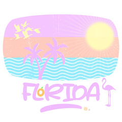 Fototapeta na wymiar Florida Graphic for T-Shirt, prints. Vintage 90s style emblem. Retro summer travel scene. Beach Palm Trees Adventure, Florida Flamingo