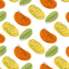 Seamless pattern of lemon zest, orange slice and green leaf with colorful spots in trendy shades.