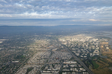 Aerial view of Mountain View and Sunnyvale, California in early morning