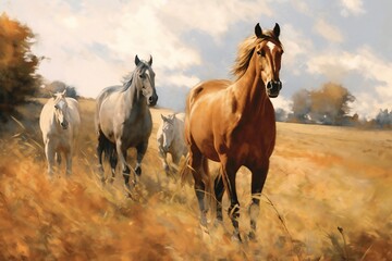 Horses in the field - obrazy, fototapety, plakaty
