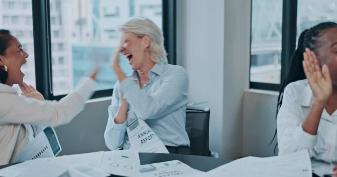 Throw, paper and business women high five for meeting success and celebration of news, bonus and applause. Winner, teamwork and group of people with wow, yes and documents in air for CEO achievement