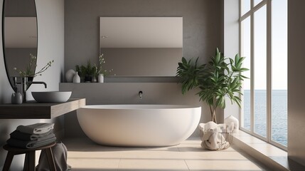 Coastal modern style bathroom with ocean view, Scandi interior design, AI generated