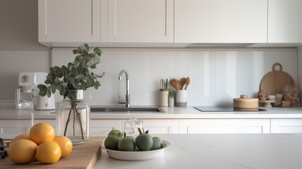 Coastal style white kitchen with indoor plants, Scandi interior design, AI generated