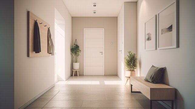 Coastal style modern entrance hall, Scandi interior design, AI generated
