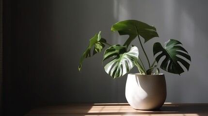 Monstera houseplant pot on empty space kitchen countertop, Scandi interior design, AI generated