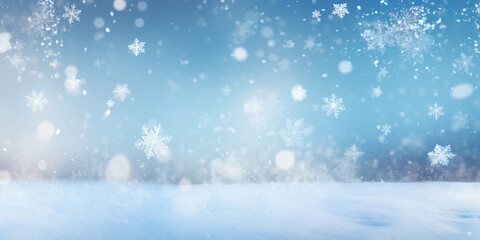 Fototapeta premium Winter background with snowflakes and blue bokeh created with AI 