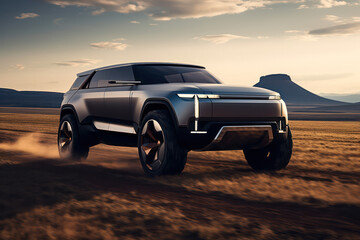 Fototapeta na wymiar Advertising style concept SUV, sport utility vehicle on the road with the countryside and open fields as the backdrop, SUV concept vehicle, rural lands, fields, and skies, golden hour 