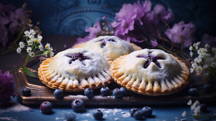 Blueberry Hand Pies on Beautiful Blue Backgrounds with Fresh Fruit - Closeup with Studio Lighting Effect - Generative AI