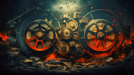 Rusted Wheels and Gears in Flames A Dramatic and Apocalyptic Scene AI Generated