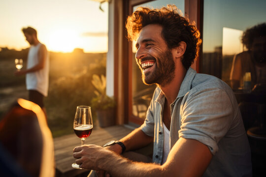 An attractive man laughs at friends while talking, enjoying sundowner drinks casual party