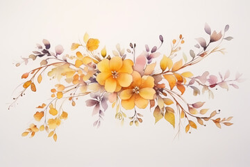 Pale autumn leaves and flowers - botanical design banner. Floral pastel watercolor border frame. Generative AI.