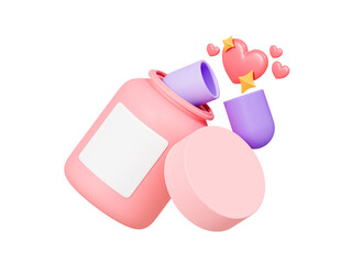 3D Floating pink open bottle with pills. Opened capsule with heart emoji. Love healthy. Purple and pink. Cartoon creative design icon isolated. 3D Rendering