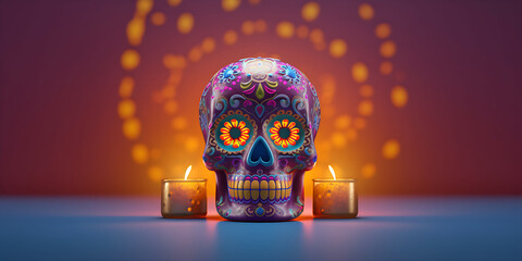 Sugar skull and candles, decorations for day of the dead