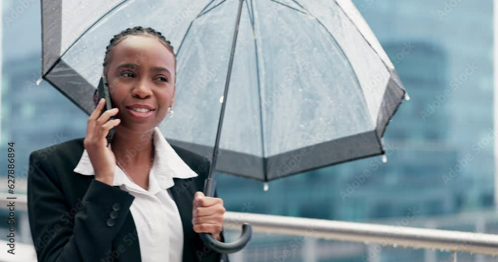 Sticker Talking, umbrella and a black woman on a phone call for work, communication and networking. Happy, corporate and a young employee speaking on a mobile for planning, conversation and chat in the rain