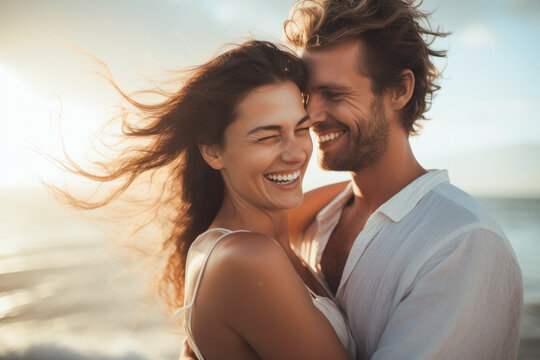 Joyful young couple, a man and woman, sharing a loving hug on a beach