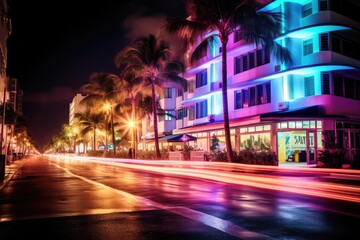 The beauty of Miami Beach Ocean Drive by night abstract - 627887042