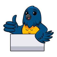 Cute thraupidae black and gold tanager bird cartoon giving thumb up