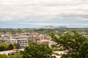 View of Portland, OR Suburb Skyline Houses and Butte on Cloudy Day