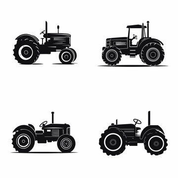 Simple 2d black silhouette Vintage , black accents, flat, sharper, white background, vector , antique tractor silhouette